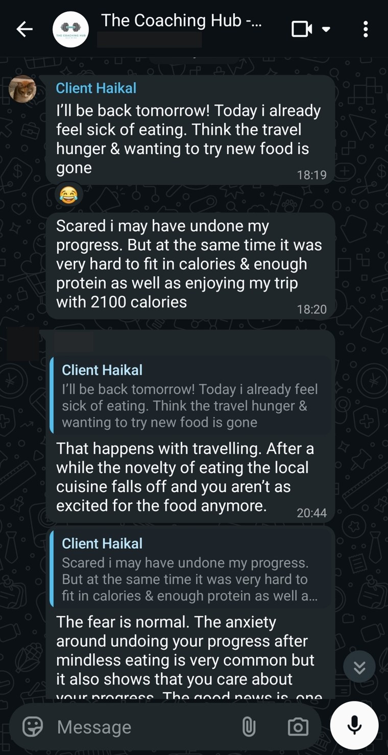 A client worried they undid their progress on a trip, and the reply