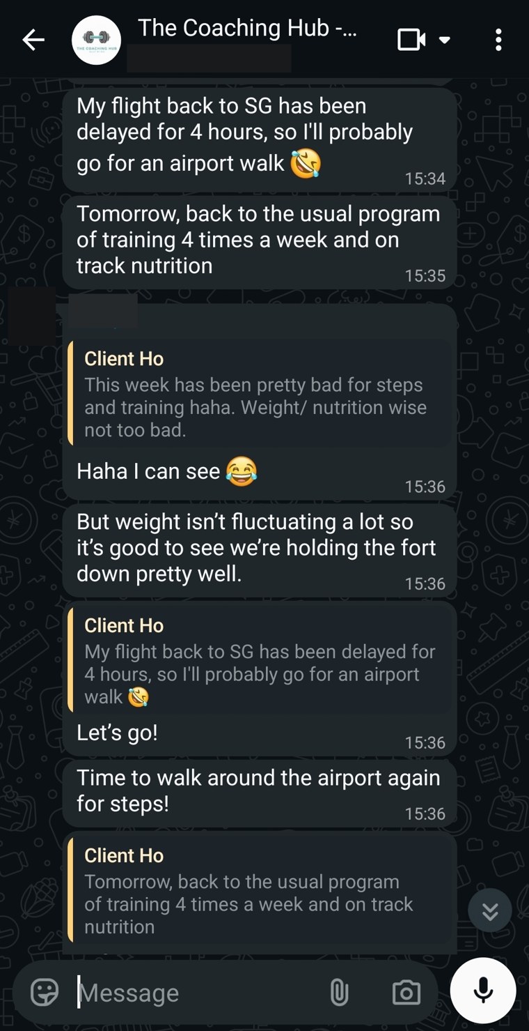 A client messaging about walking in an airport during a flight delay