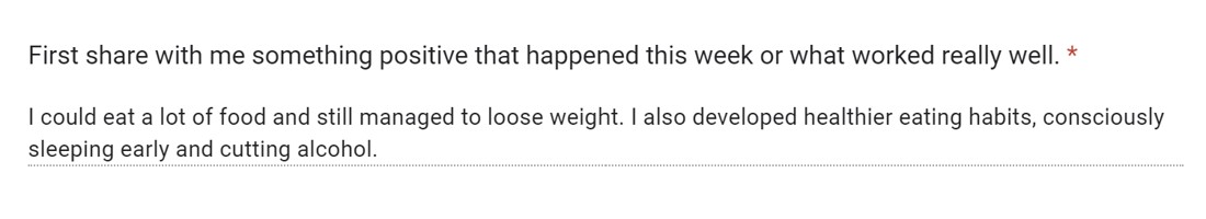 A weekly check-in form question and a client's written answer