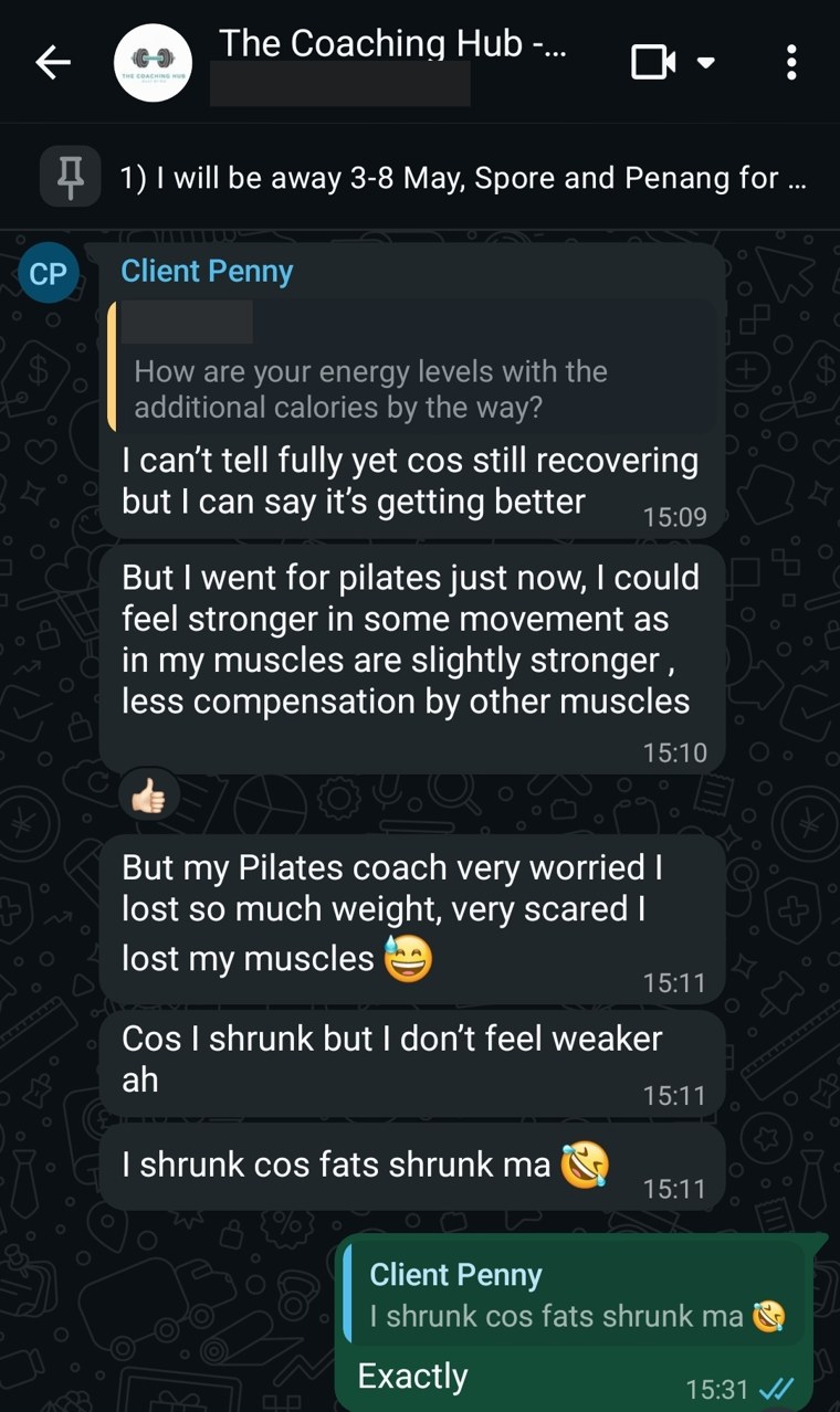 A private coaching group chat, three people, coach asking a client about her energy levels