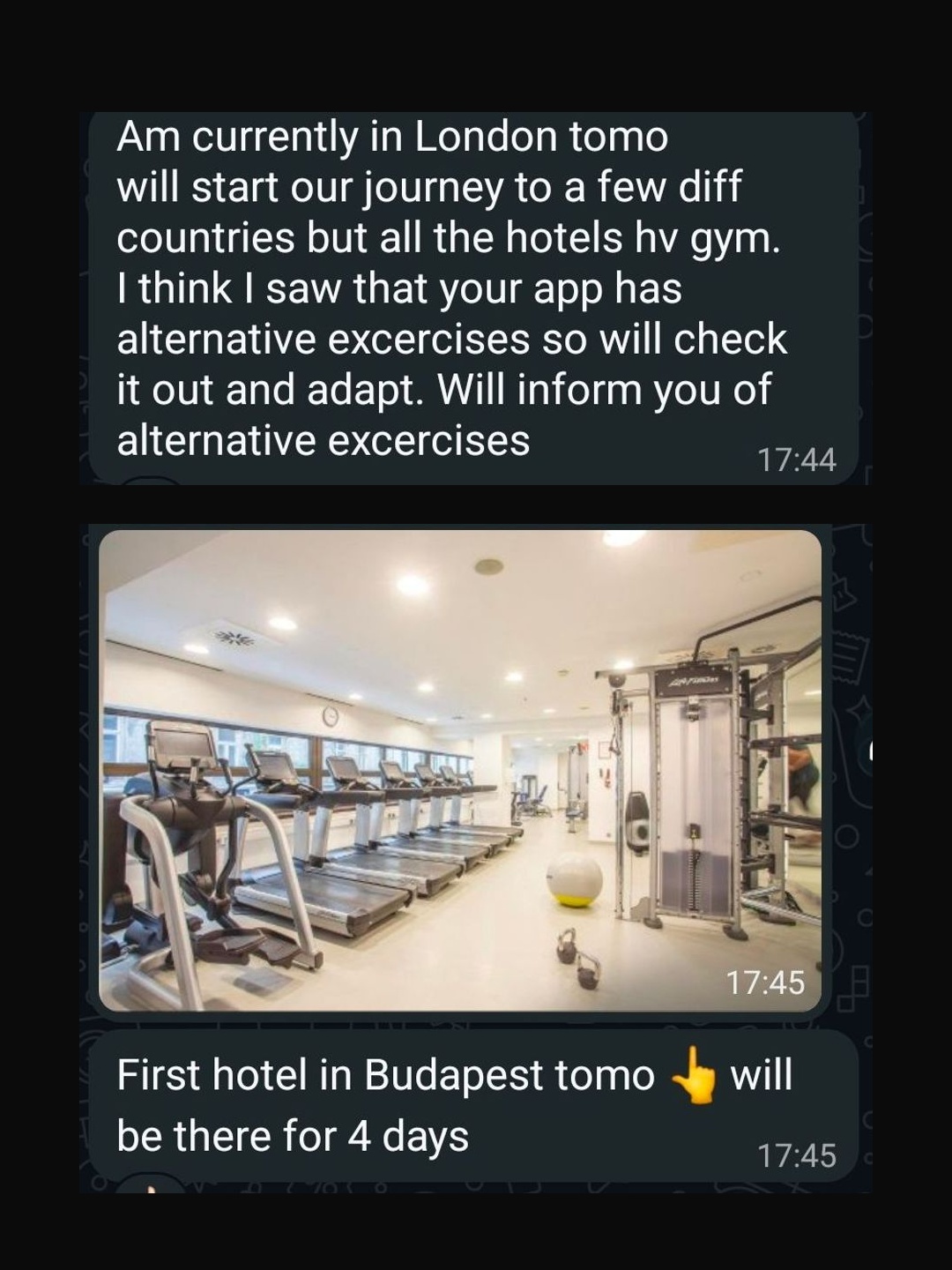 Zuhri messaging Riz from a hotel gym in Europe